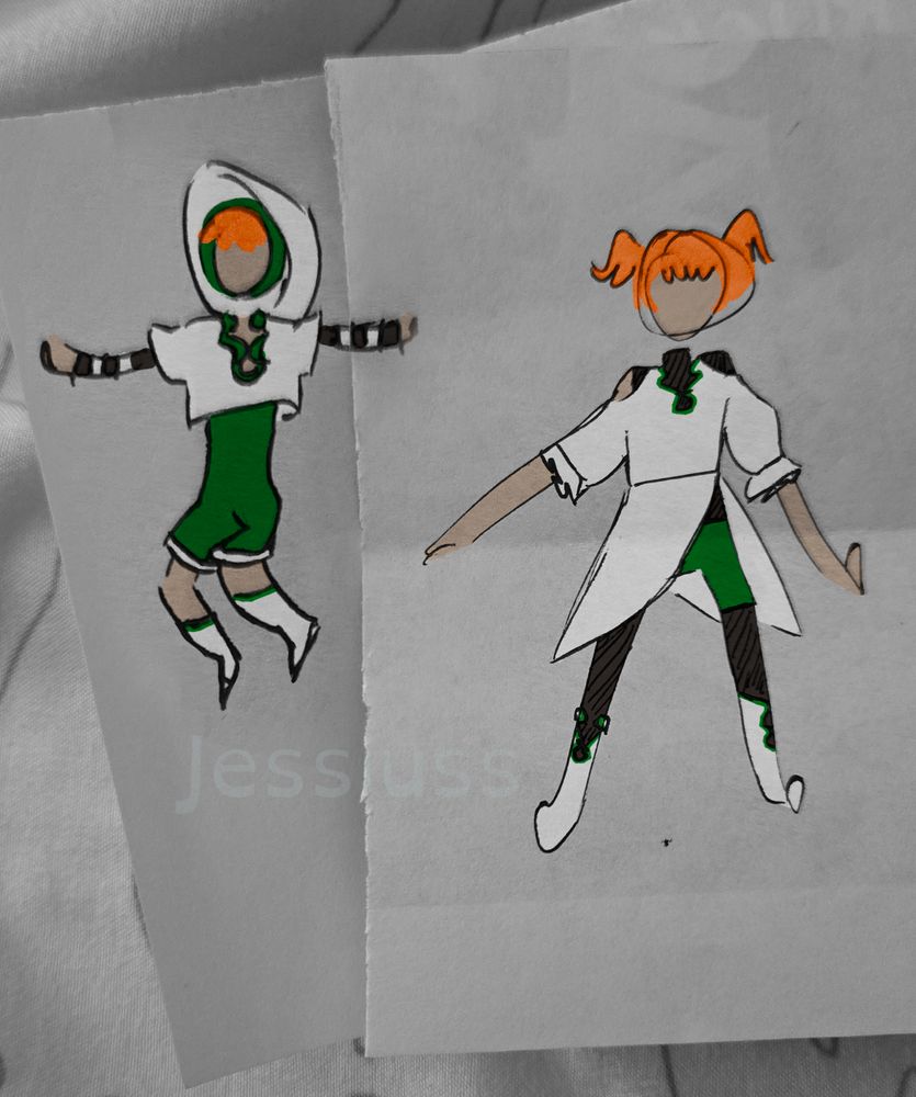 drawing on two ripped up pieces of paper. of alt outfits for kanne from frieren. the first has a big white cropped hoodie with a green jumpsuit and white boots. the second is a white wrap dress with a subtle wetsuit underneath. both have no face features.