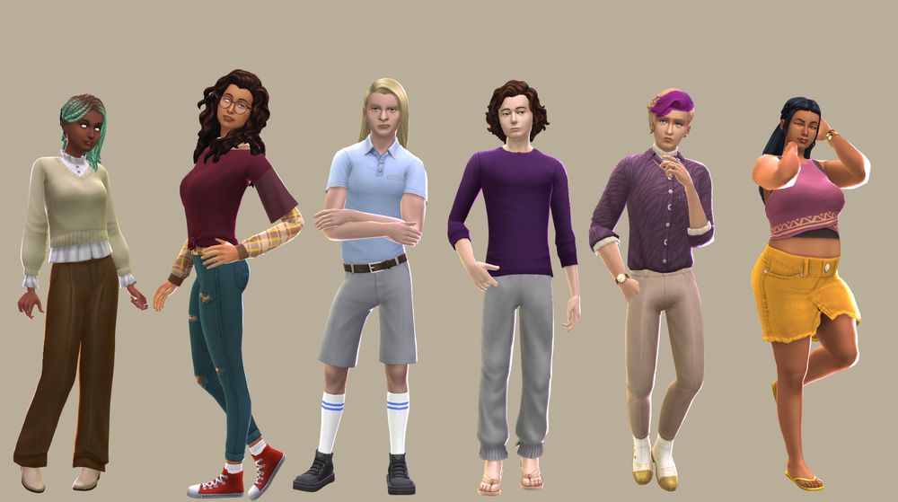 6 people posing in a line. terezi has brown teal gradient braided hair and  a light green sweater with brown pants. vriska has a red shirt over a hoodie with ripped jeans. she has frizzy curly brown hair. equius has pale blonde skin and hair and wears a blue polo and belted shorts. gamzee has flip flops and sweats on. eridan wears a purple collared shirt and sweater with dress pants. his hair is blonde and dyed purple in the front. feferi has braided black hair and a pink wrap top with a yellow denim skirt