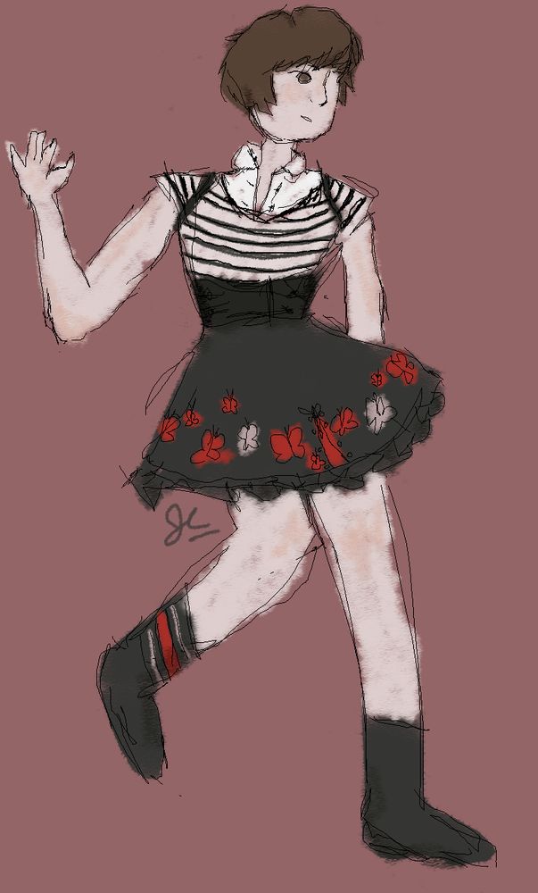 pale girl in white shirt with collar, black corset belt, black butterfly skirt and black socks