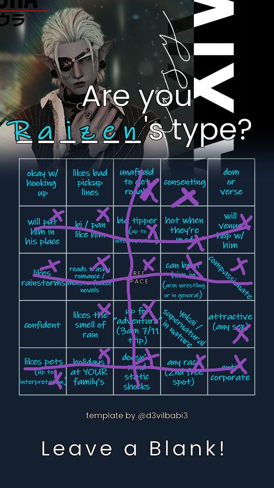 Meme bingo: Are you Raizen's Type, filled out for Lazne. She got another 4 bingos.