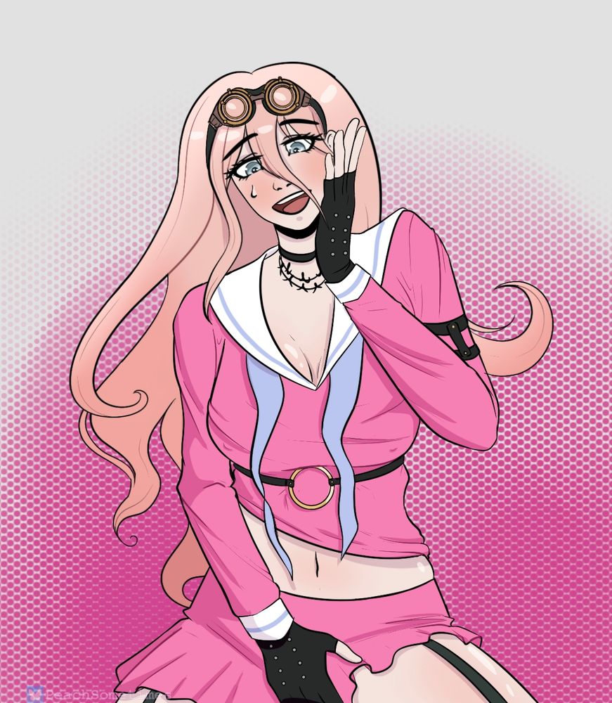 A thighs-up image of Miu Iruma, her skirt hiked a bit and her hand between her thighs. She is obviously turned on