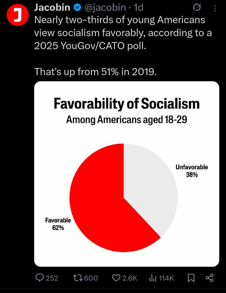 Jacobin

@jacobin. 1d

Nearly two-thirds of young Americans view socialism favorably, according to a 2025 YouGov/CATO poll.

That's up from 51% in 2019.

Favorability of Socialism

Among Americans aged 18-29

Unfavorable 38%

Favorable 62%

252

17600

2.6K

小山 114K