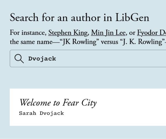 Screen cap from the search for an author in LibGen. Welcome to Fear City was stolen!