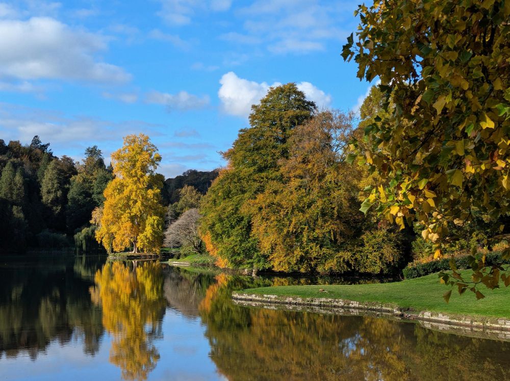 A colour photo of the edge of a lake, undulating diagonally through the lower half of the photo, bordered by trees in various stages of autumn colours. A yellow tulip tree is prominent. Partly cloudy sky above.