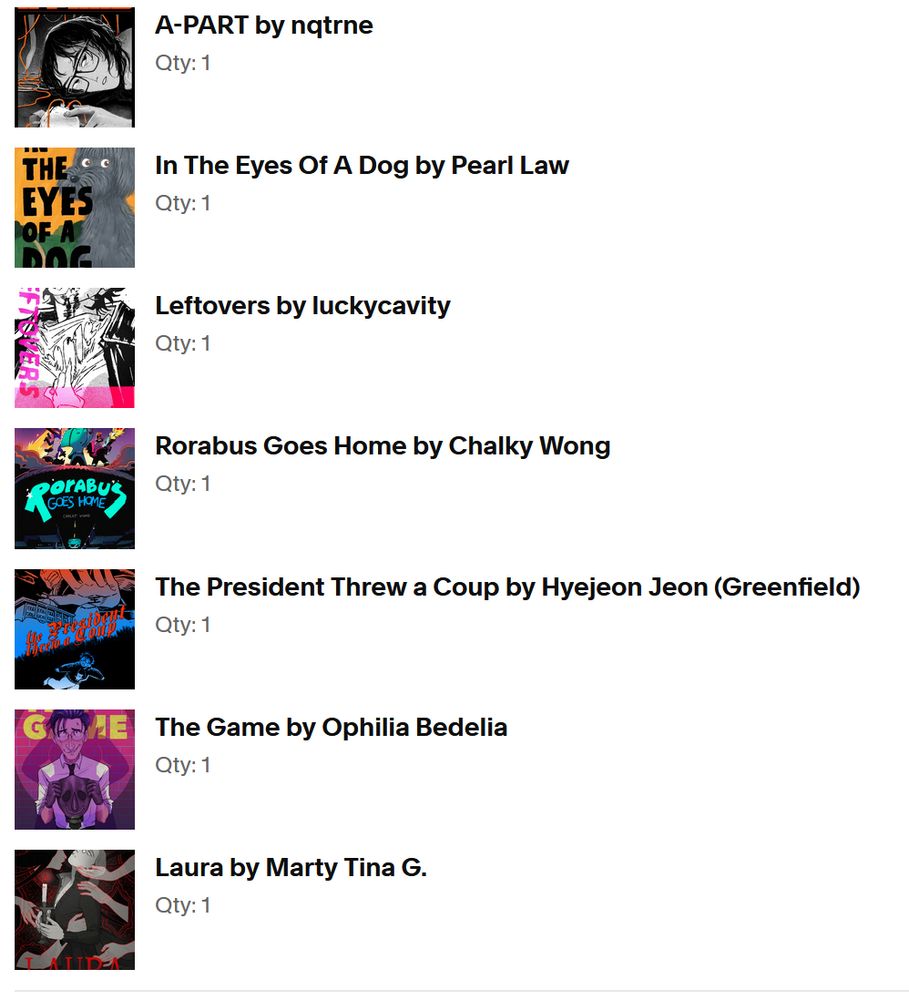 SBCF purchases page 2: A-PART by nqtrne, In the Eyes of a Dog by Pearl Law, Leftovers by luckycavity, Rorabus Goes Home by Chalky Wong, The President Threw a Coup by Hyejeon Jeon, The Game by Ophilia Bedelia, Laura by Marty Tina G