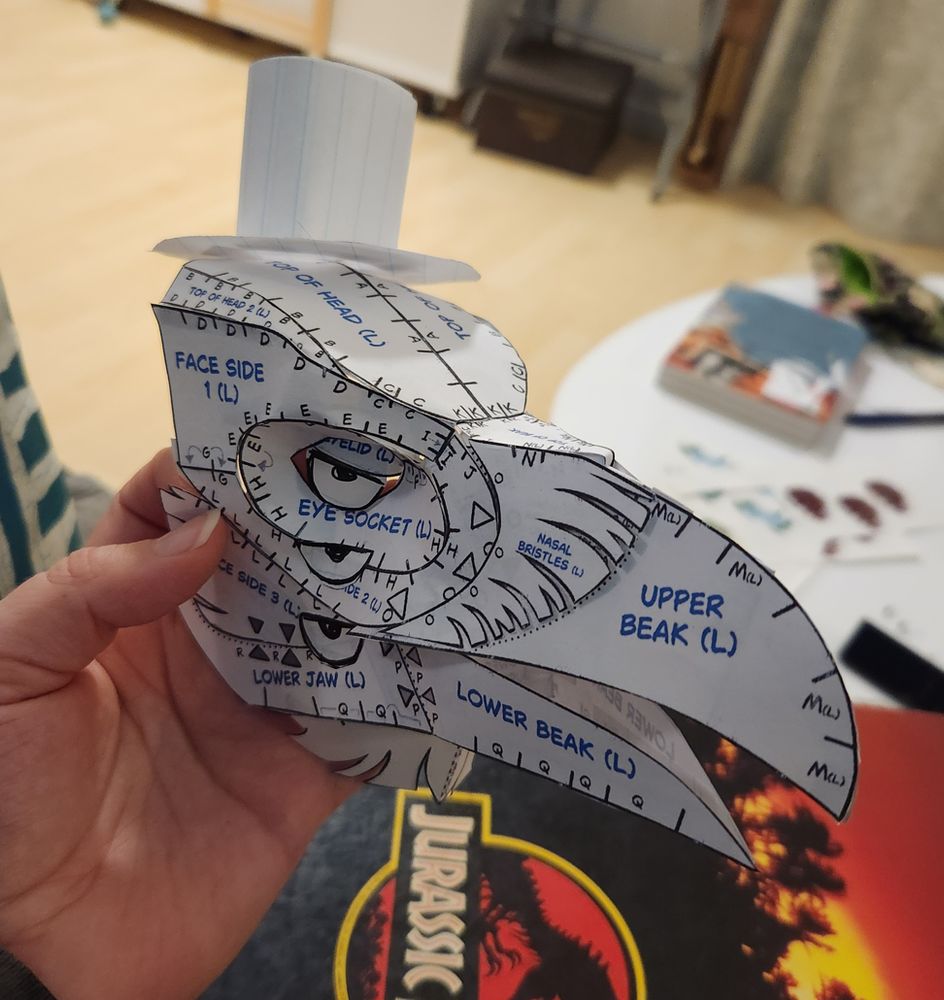 A photo of jam's hand holding a paper mask of a raven. Three half-closed eyes have been added to the side of a mask as well as a little hat. 