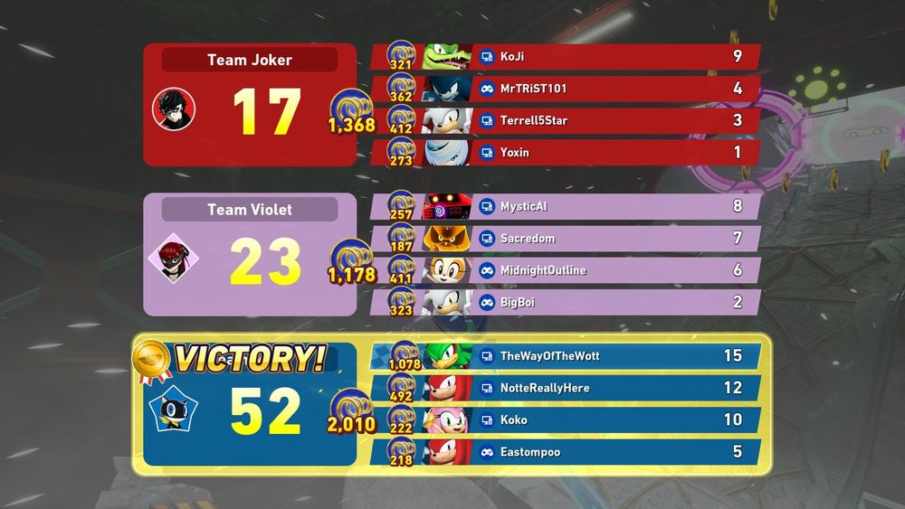 Victory screen in Sonic Racing CrossWorlds. OP got 1st place with over 1000 rings.