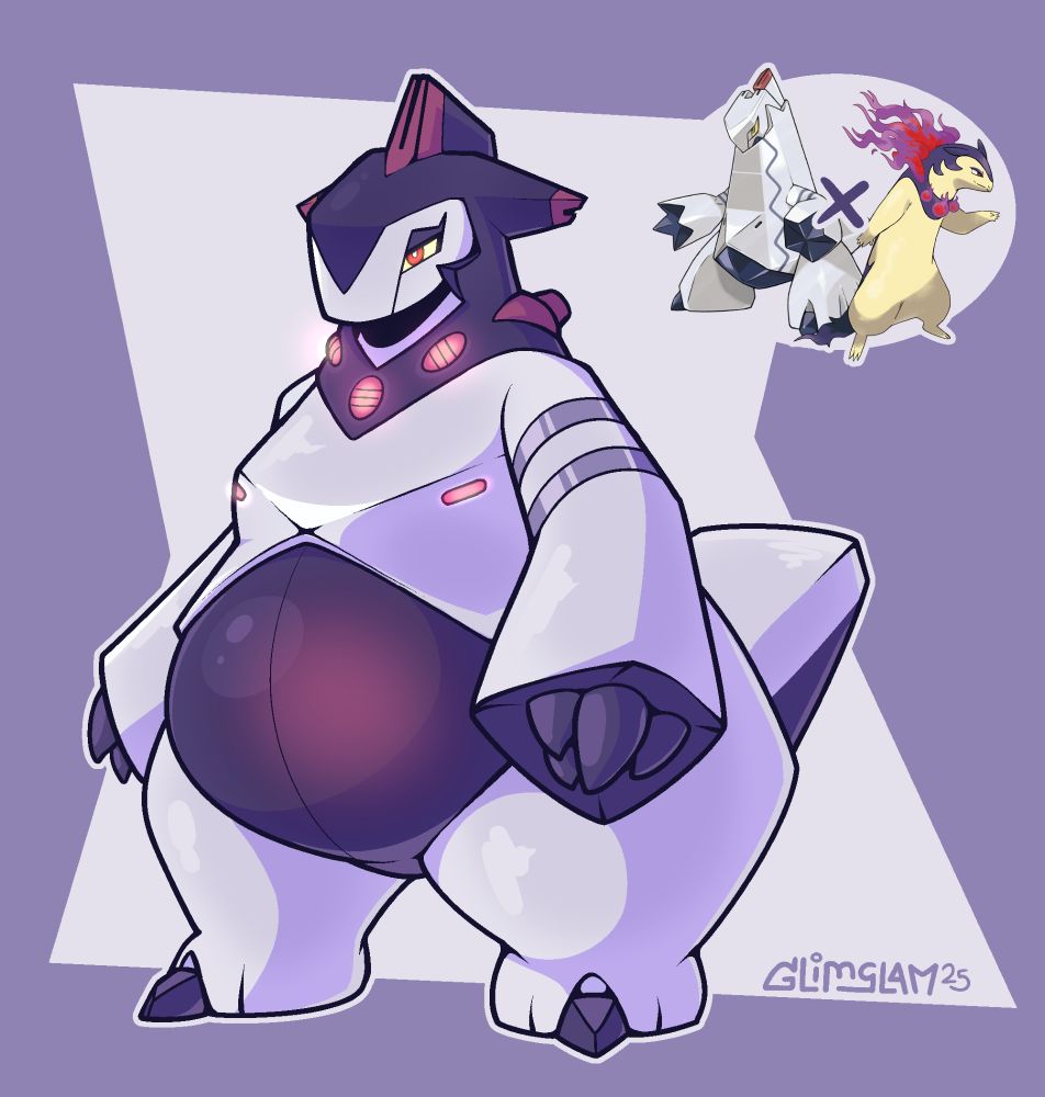 Artwork with the main subject being the design of a Pokémon fusion. The fusion is the combined form of a Duraludon and a Hisuian-form Typhlosion. The original Pokémon are shown in the corner for reference.