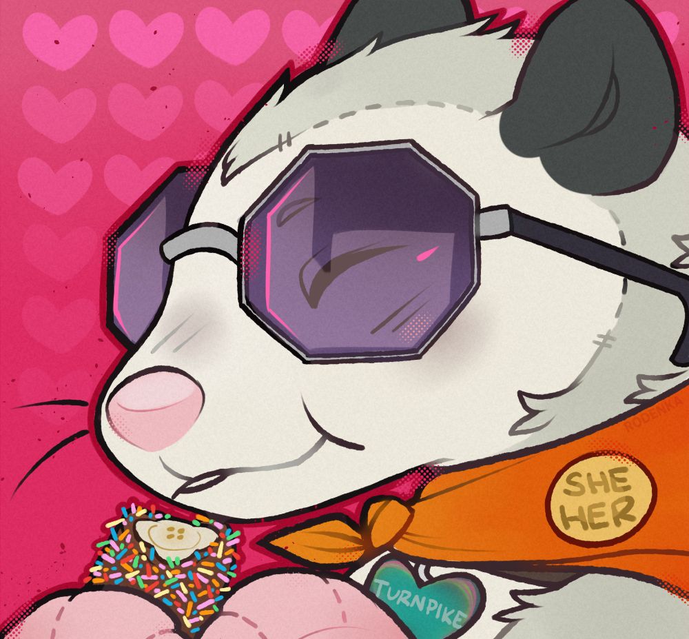 Digital artwork of a slightly anthropomorphized possum plush enjoying a chocolate covered frozen banana with rainbow sprinkles. 