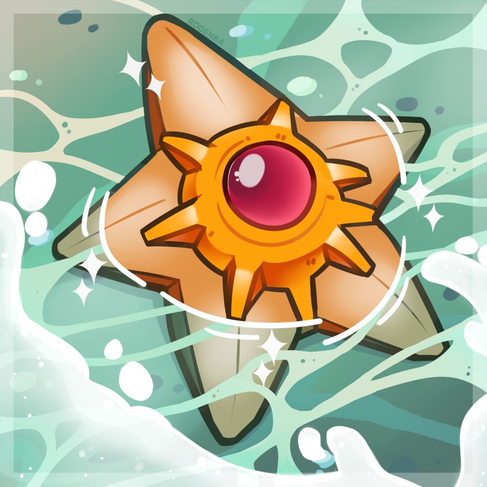 A digital artwork featuring the Pokemon Staryu, a tan starfish Pokemon with a round ruby-like gem at the center that is set in a gold colored border. It is shown laying peacefully on a shoreline in the shallow water, with frothy waves gently washing over it. 