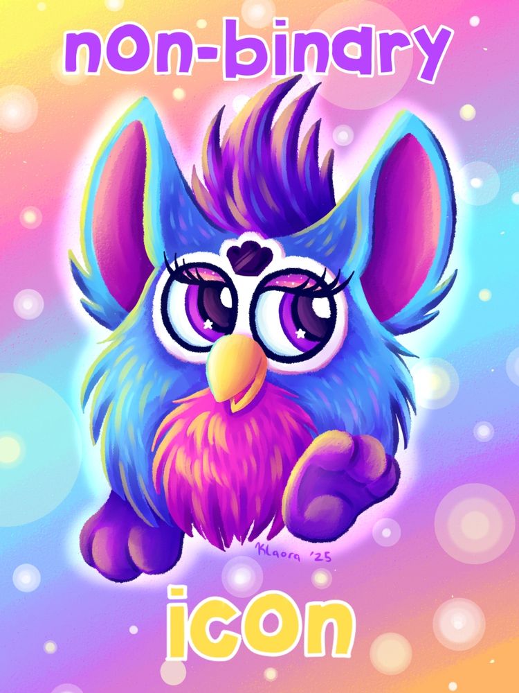A cartoon illustration of a blue, pink, and purple furby on a soft pastel background.  The text reads "non-binary icon."
