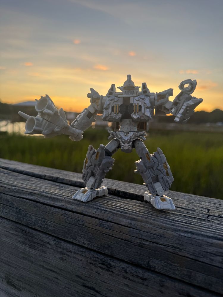 Nucleus standing on a wood structure in front of a sunset.