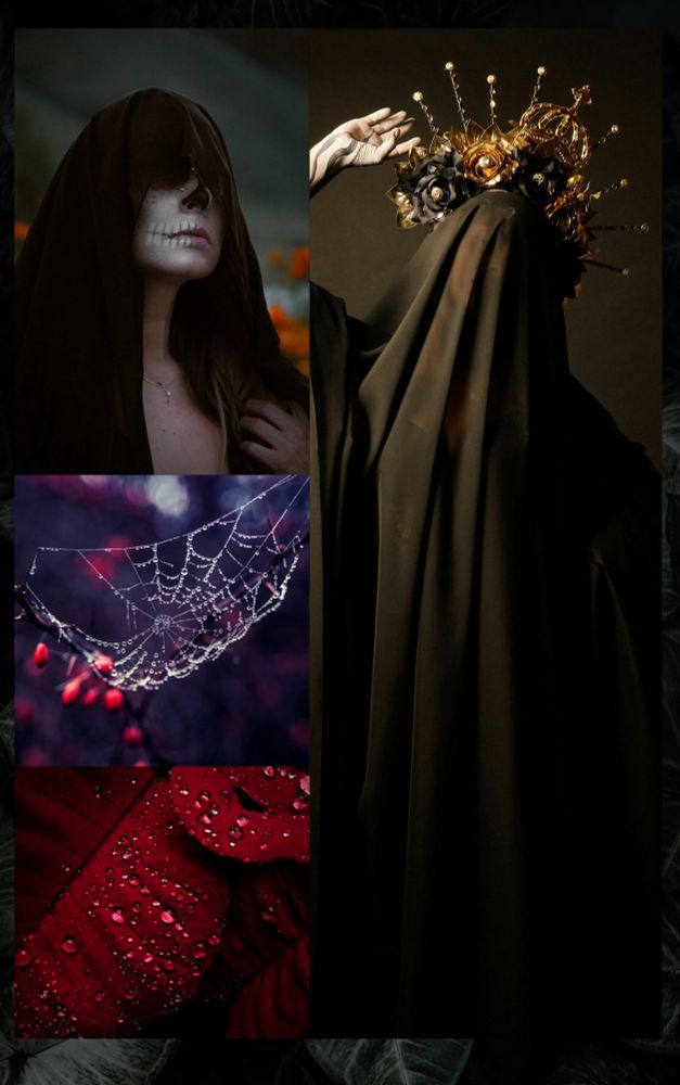 Woman in black veil with seams on her face, spider web, priestess with black Veil and halo crown, red leaves with dew