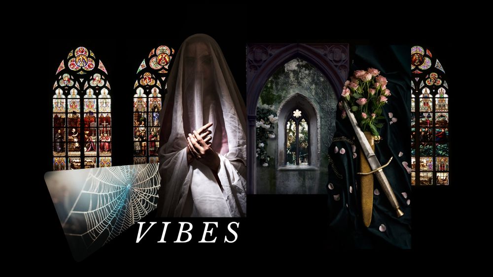 Stained glass windows behind a woman in a veil, an overgrown window arch, a rose bouquet in a dagger sheath with the dagger on top, and a spiderweb