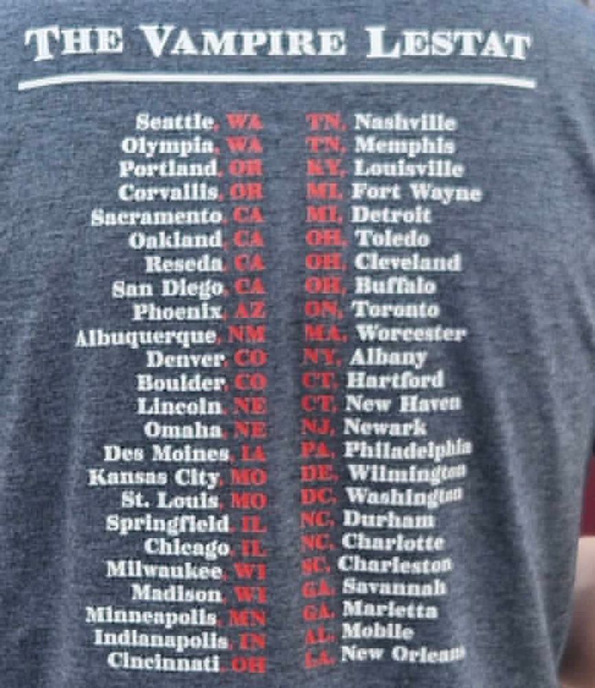The Vampire Lestat tour dates on the back of a T-shirt. Importantly Cleveland, Ohio is listed. 