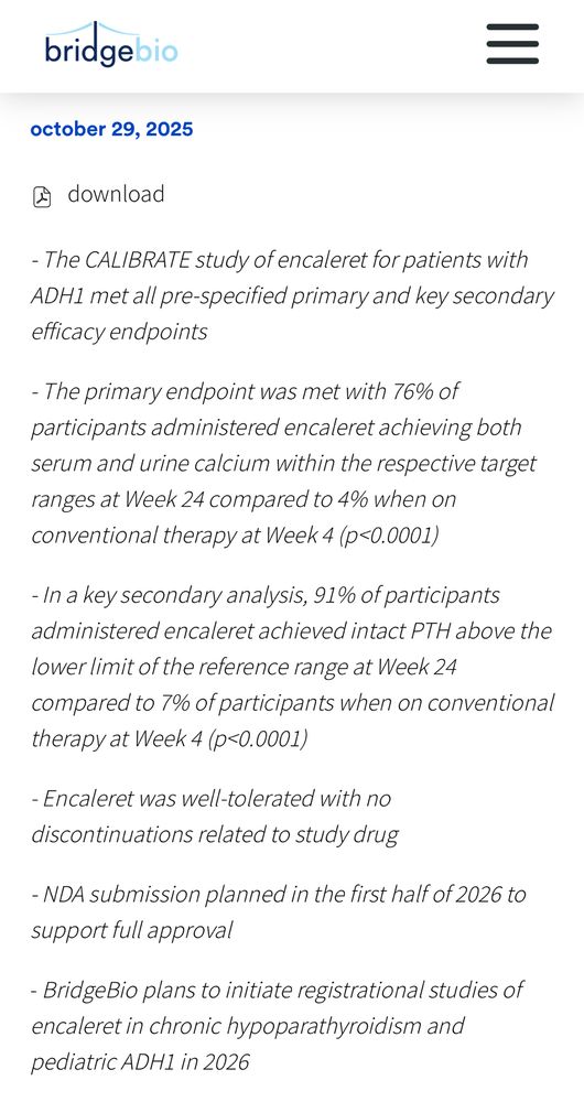 - The CALIBRATE study of encaleret for patients with ADH1 met all pre-specified primary and key secondary efficacy endpoints 

- The primary endpoint was met with 76% of participants administered encaleret achieving both serum and urine calcium within the respective target ranges at Week 24 compared to 4% when on conventional therapy at Week 4 (p<0.0001)

- In a key secondary analysis, 91% of participants administered encaleret achieved intact PTH above the lower limit of the reference range at Week 24 compared to 7% of participants when on conventional therapy at Week 4 (p<0.0001)

- Encaleret was well-tolerated with no discontinuations related to study drug

- NDA submission planned in the first half of 2026 to support full approval

- BridgeBio plans to initiate registrational studies of encaleret in chronic hypoparathyroidism and pediatric ADH1 in 2026