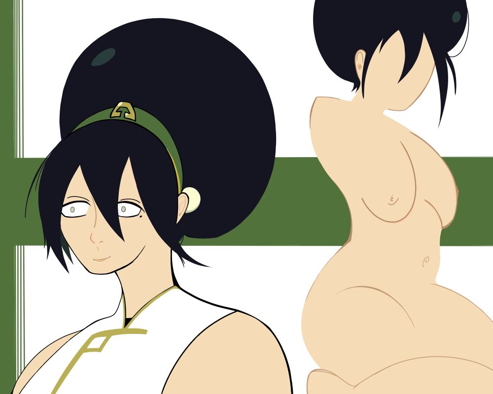 an illustration of adult Toph Beifong from avatar the last air-bender
to the right is an additional sketch of her naked

the color palate and design based on two pieces by @/polluxery.bsky.social
 