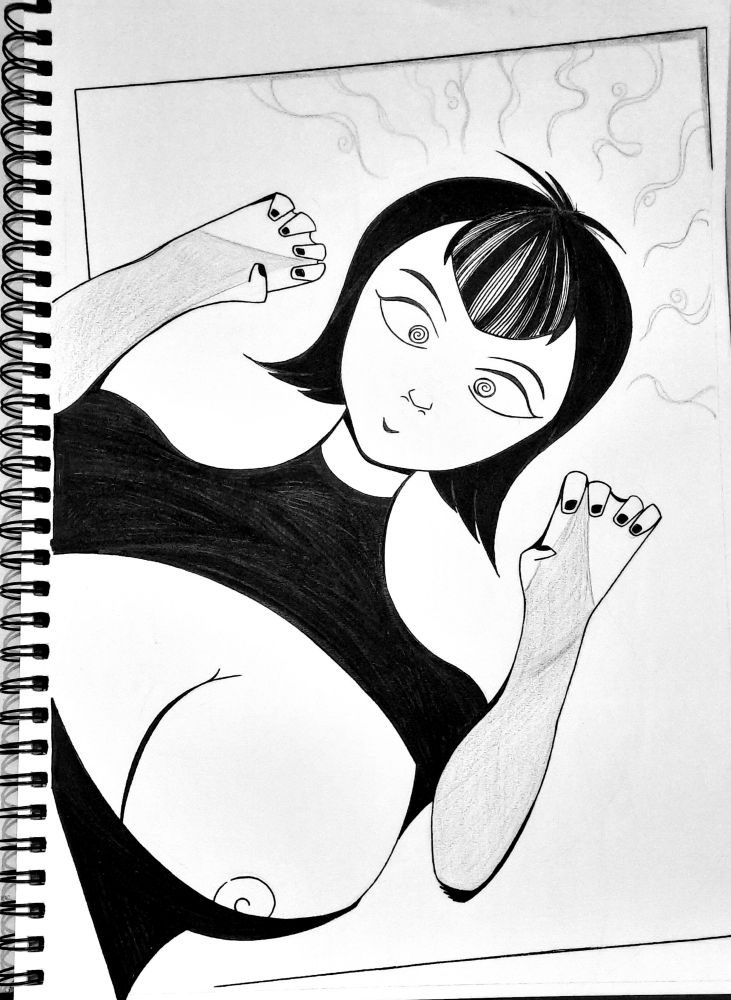 Mavis from Hotel Transylvania looming over the POV character, hypnotizing them with her eyes and raising her hands to grab them

Part of her outfit has been torn to reveal one of her nipples