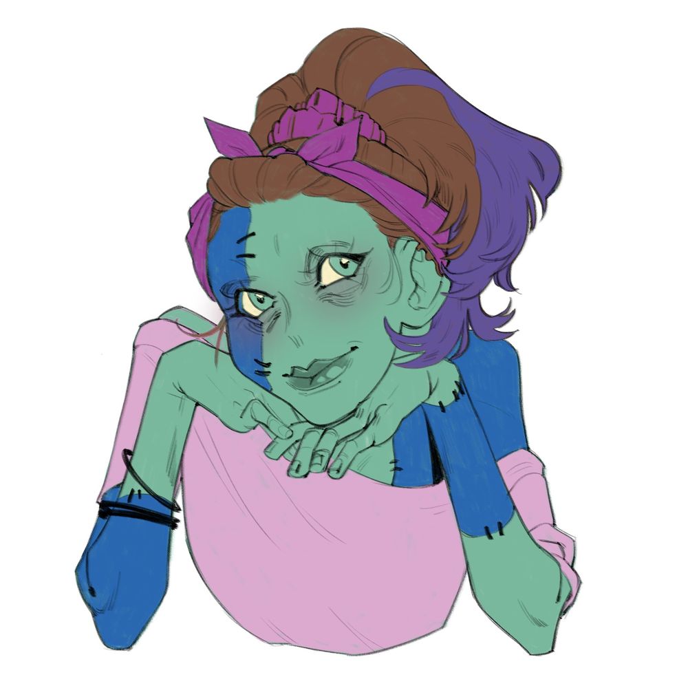 Cute zombie girl with brown and purple hair, green eyes, and green and blue patchwork skin. She is posed with her chin restin on the backs of her hands. Her hair is pulled back in a pink scrunchy with a bandana tied like a headband, and she's wearing a dusty pink shirt.