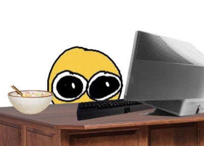 a hand drawn yellow emoji staring at a PNG of a computer, with a bowl of cereal