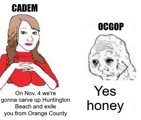 it's the Yes Honey meme with California Dems as the wife telling the sad OC GOP to their faces they're gonna carve up Huntington Beach and destroy their essentially last grip on an OC House seat lmao go to hell