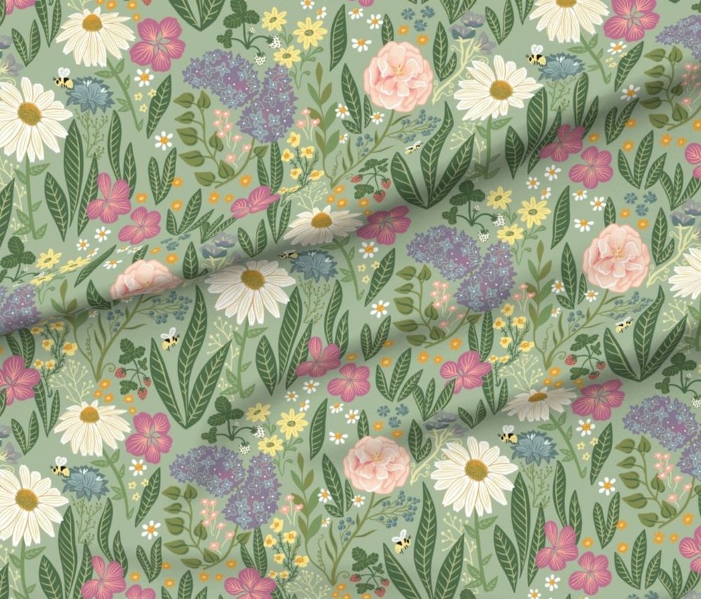 Soft colored repeating pattern of flowers with a Cottagecore vibe.