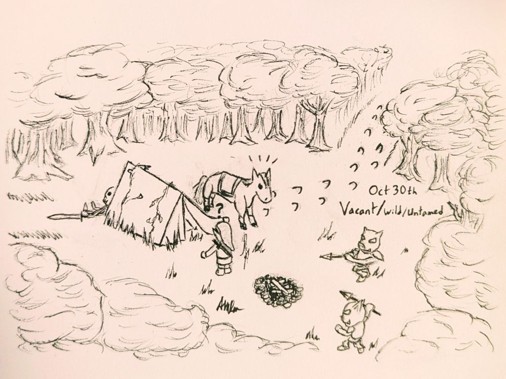 Drawing of Link peering into an abandoned tent in the woods, seemingly oblivious to the body behind the tent or the Moblins creeping up on him, spears raised, as Epona is startled by the attackers.