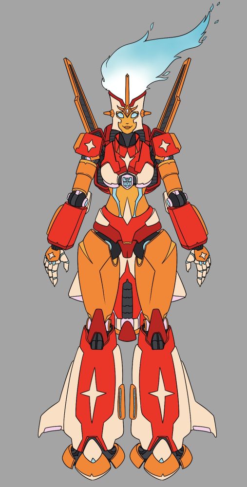 Front facing reference imgae of the charactert Firestar from transformers her hair is blue fire and she is a autobot