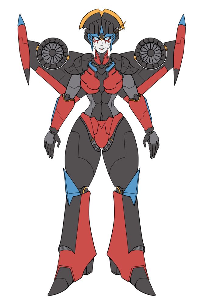 The transformers character Windblade in a symmetrical frontfacing ref