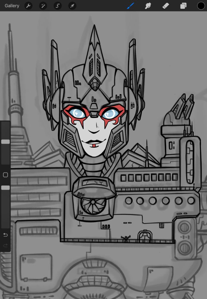 A sketch showing a gender bent version of Caminus the City titan Windblade is standing on a balkony for scale.
