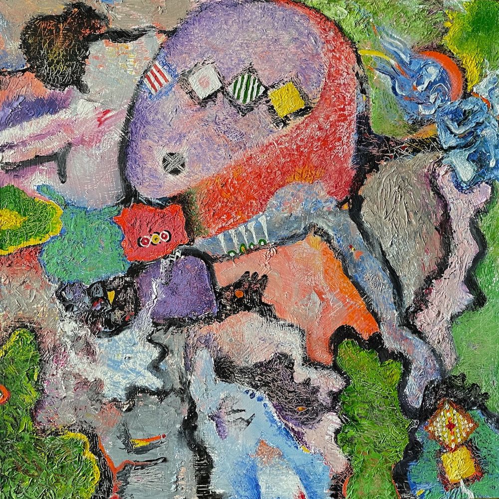 A heavily textured abstract oil painting.  Rather brightly colored and evocative biomorphic shapes.
