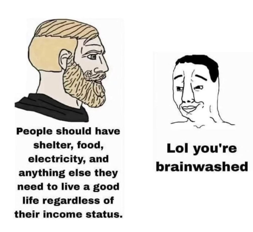 A meme image with a face on the left saying ppl should have basic necessities accompanied by a face on the right saying the person on the left is brainwashed. 