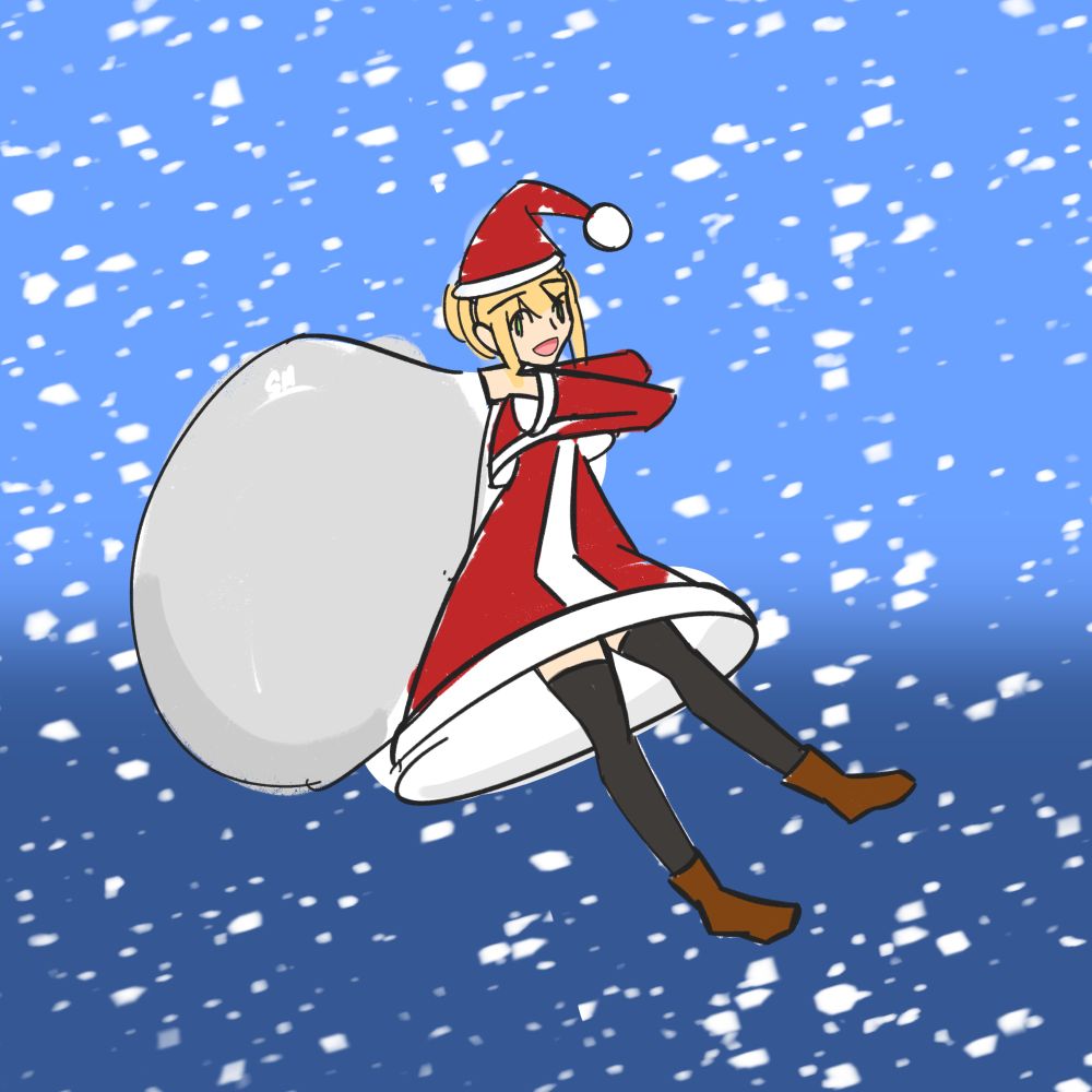 A crude colored sketch of Nero Claudius (Fate) in her christmas outfit of a santa coat and hat with thigh high stockings and brown boots carrying a bag of gifts through the air