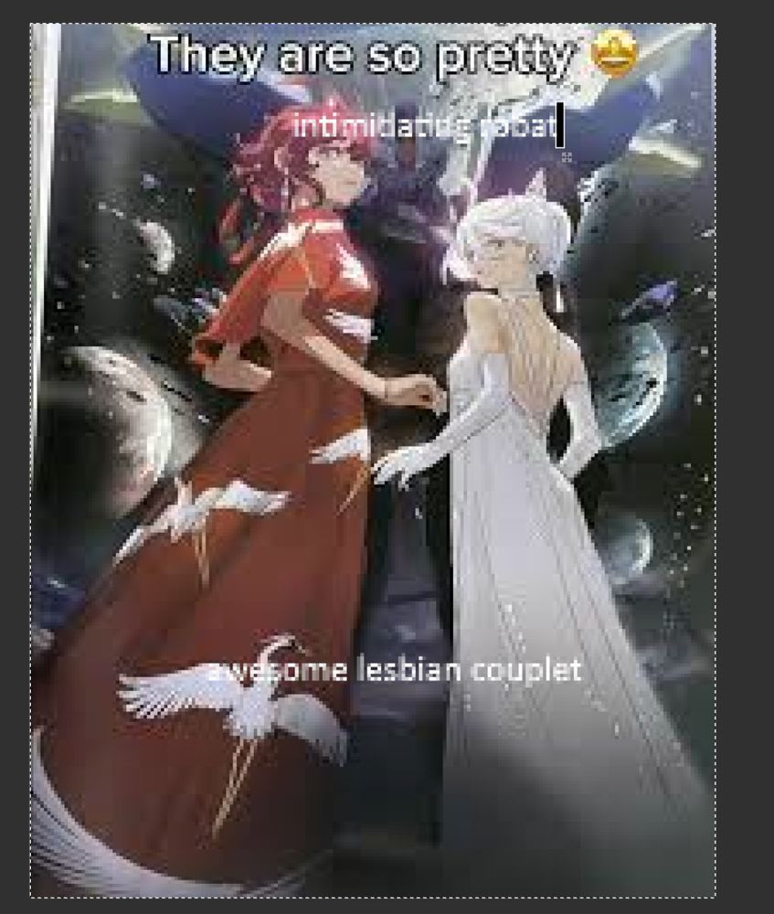 low res image of Suletta Mercury and her bride, Miorine Rembran with Gundam Aerial in the background. The text says "They are so pretty" and also "awesome lesbian couplet" and also "intimidating robat"