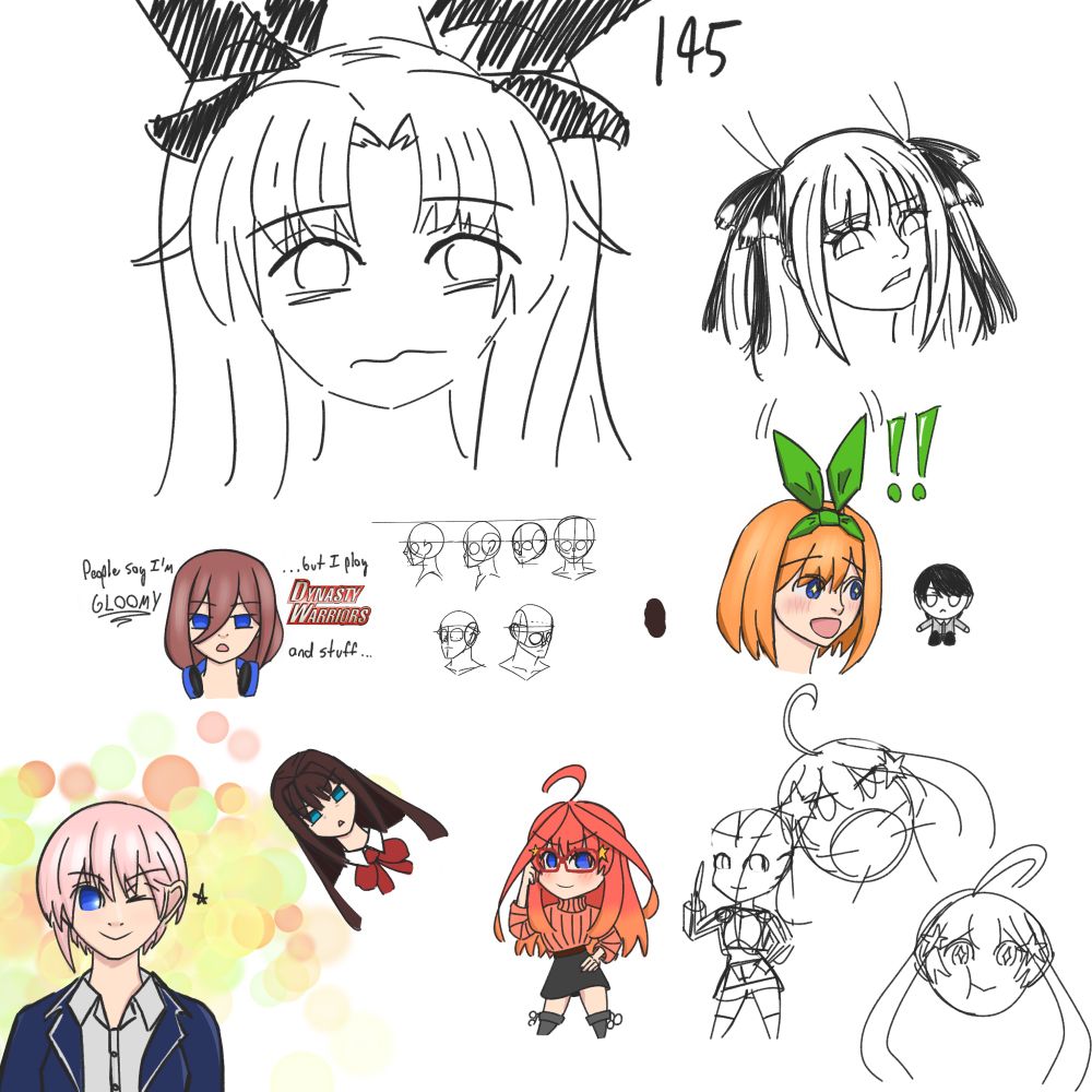 A canvas of doodles involving Rin Tohsaka, the Nakano sisters, Aoko Aozaki, and some sketchy heads