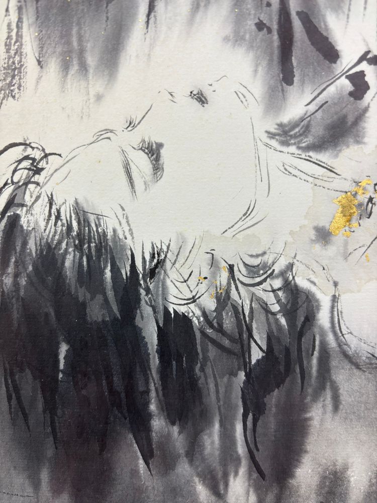 close up of the supine ink wash figure with gold leaf by their throat; was told that this series was painted on gold flecked washi that amano composited around