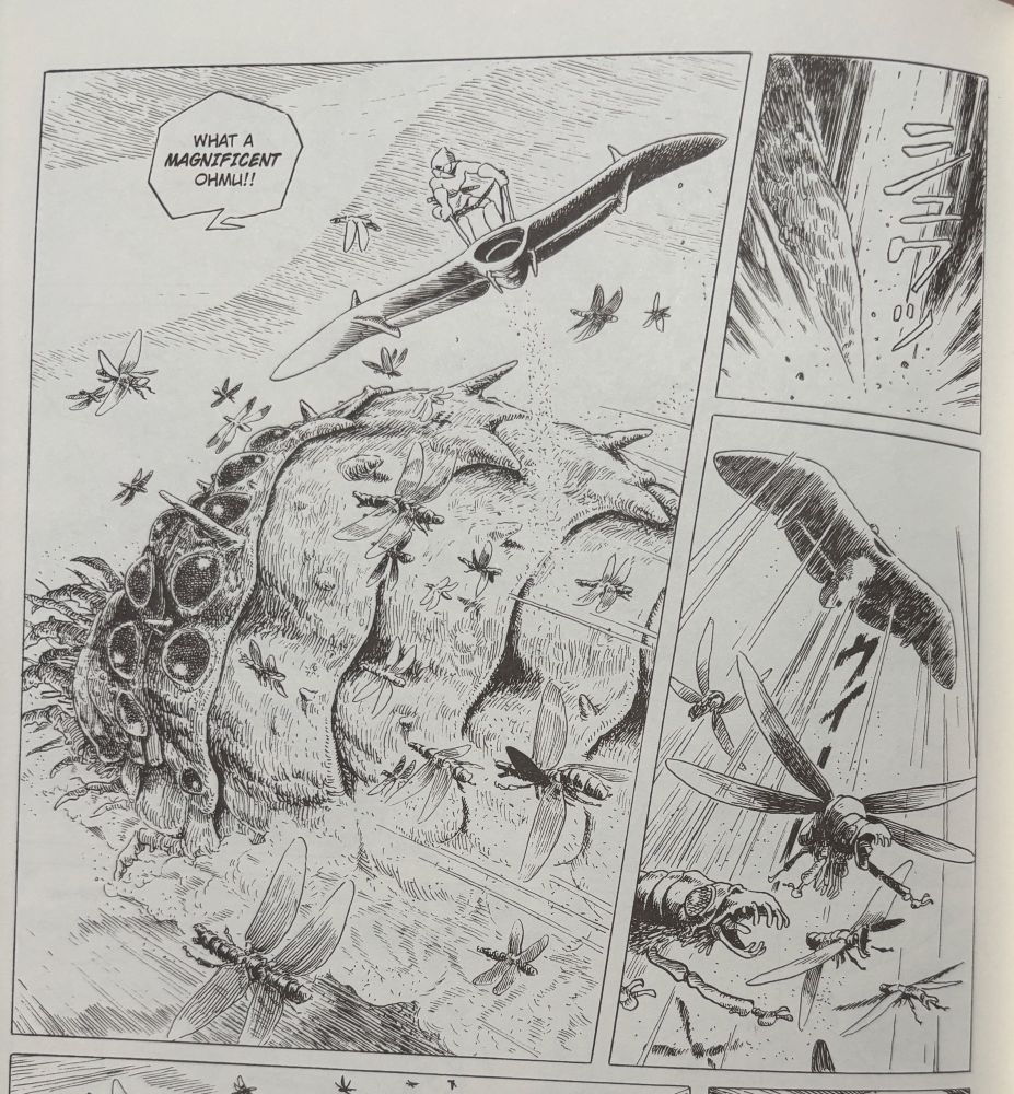 three panels from the nausicaä manga depicting ohmu & giant insects