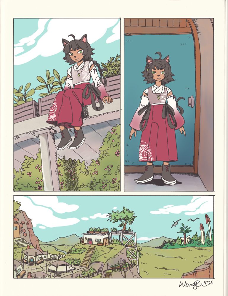 two panels of a girl with cat ears and one of a city built into ruins