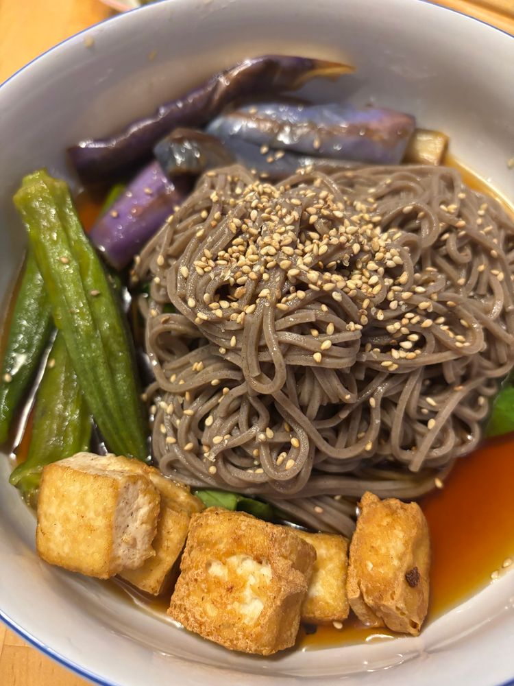 cold soba with okra, eggplant and tofu