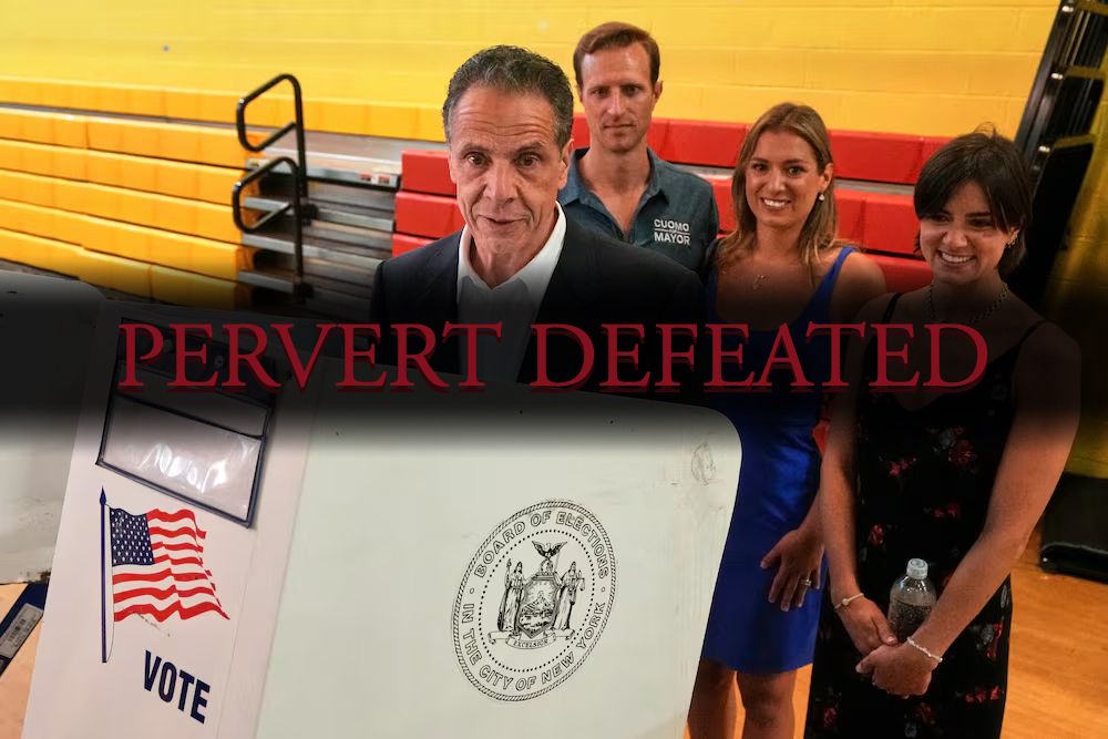 cuomo with PERVERT DEFEATED overlaid in elden ring text style of "you died"
