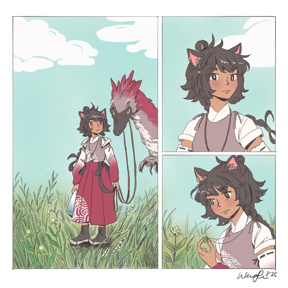 three panels of a girl with cat ears and a dinosaur in tall grass