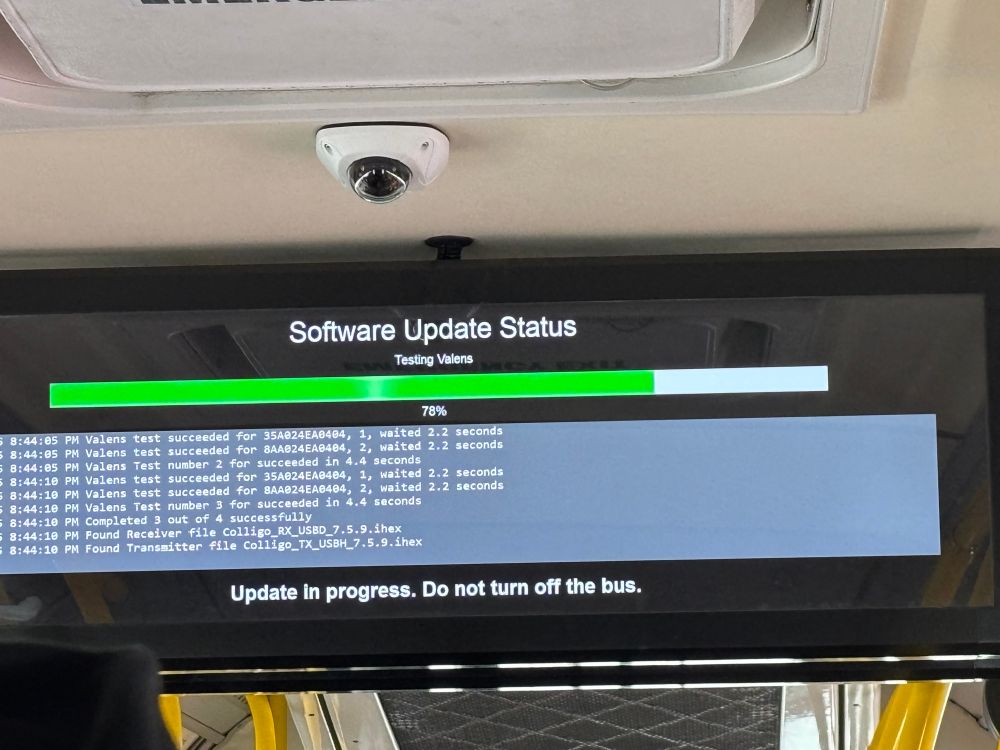 bus software updating in real time as the bus is moving & it says ""update in progress. do not turn off the bus"