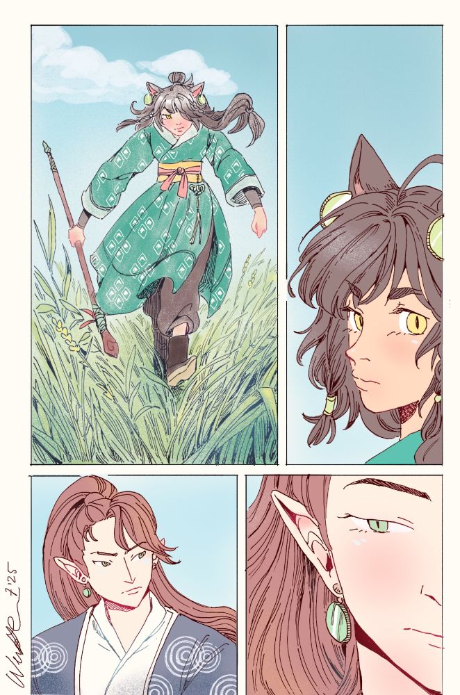 four panels of two different characters