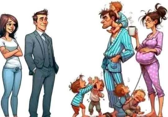 Cartoon illustration showing two contrasting couples. On the left, a smiling young man in a neat suit stands confidently next to a stylish, relaxed young woman in jeans and a T-shirt. On the right another couple: the man in rumpled pajamas with dark circles under his eyes, is surrounded by several crying and fighting children, with one child sitting on his shoulders. Next to him stands the woman, heavily pregnant, exhausted, with messy hair, wearing pajamas and holding a coffee cup while another child clings to her leg