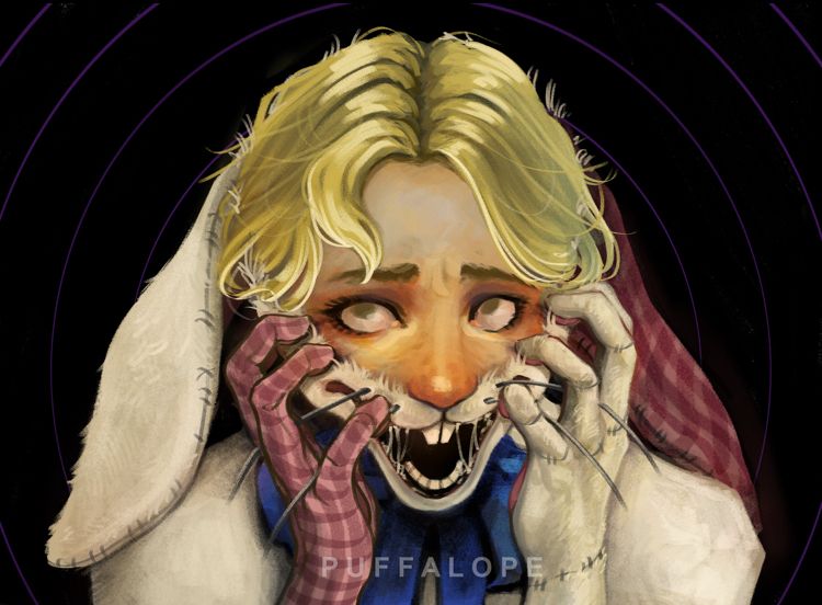 A digital drawing of Vanessa FNAF. Her Vanny suit is ripped open at the head and Vanessa is clawing at her face trying to get the rest off. The Vanny ears have become loped. The rip reveals Vanessa’s terrified eyes and messy hair. 
