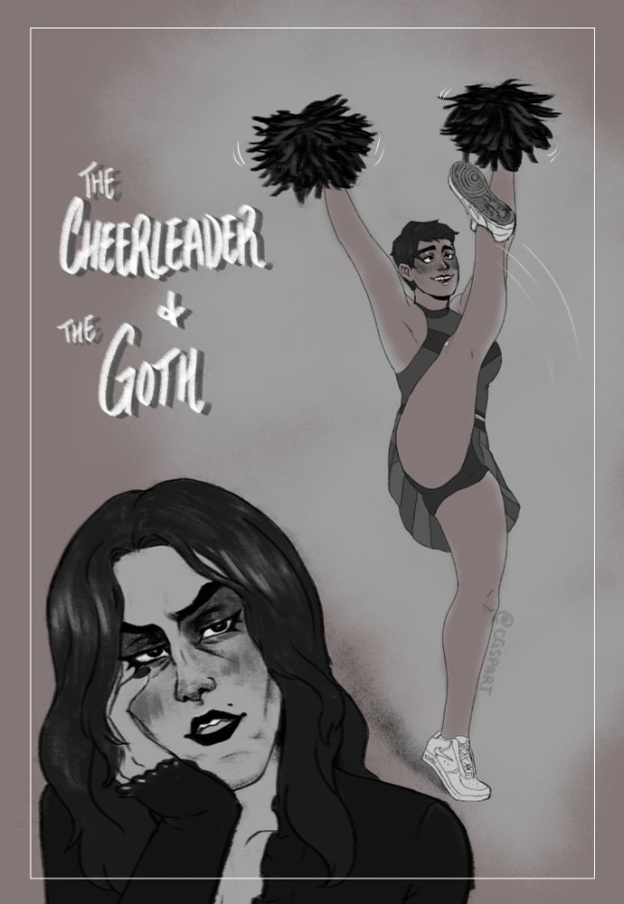 On the bottom left picture is a femme version of Viktor. She has longe, wavy hair (like Commune Viktor), dark eyes and winged liner with thick lashes. She wears black lipstick and a soft black dress, leaning on her hand as she dreams of her crush. 

Jayce is doing a high kick to the right side of the page. In a cheerleader uniform and wearing Nike Air Force 1's, femme Jayce is in the middle of cheering, her leg kicked up and a panty shot of under her skirt. 

To the top left the words "The Cheerleader + The Goth" are written to indicate the prompt. 