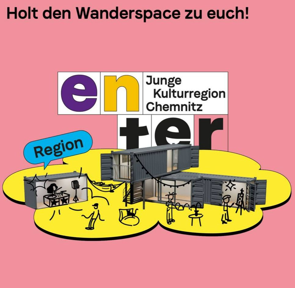 Grafik mit Container, vor und in denen Menschen Musik machen, tanzen und werkeln vor dem Logo von "enter - Junge Kulturregion Chemnitz" und Text "Holt den Wanderspace zu euch! ... Ihr habt jetzt als Gruppe die Chance, euch mit einer Idee für den Wanderspace zu bewerben"