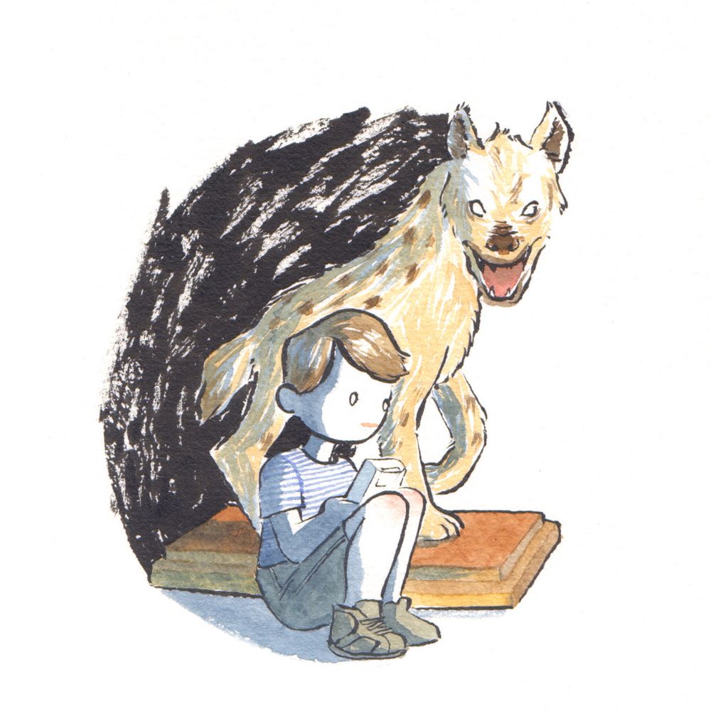Dessin à l'encre représentant un petit garçon, accroupi aux pieds d'une hyène empaillée, en train de jouer à la Gameboy. Son visage est totalement inexpressif. 