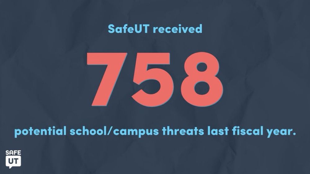 Graphic with "SafeUT received 758 potential school/campus threats last fiscal year."