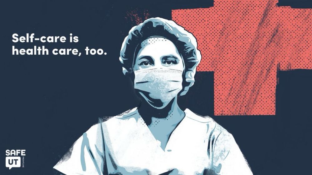 Graphic with "Self-care is health care, too" featuring a female health care provider.